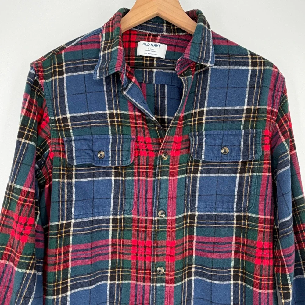 Old Navy Flannel Shirt Mens M Tall Blue Red Double-Brushed Plaid Cabincore Cozy
